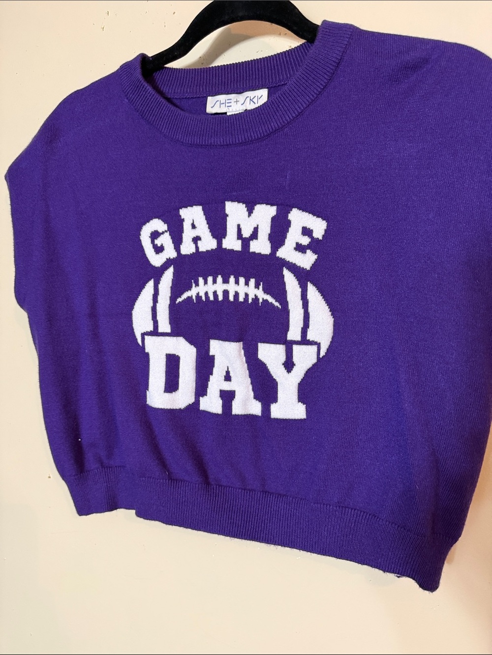 She + Sky Purple 'Game Day' Knit Pullover with White Graphic